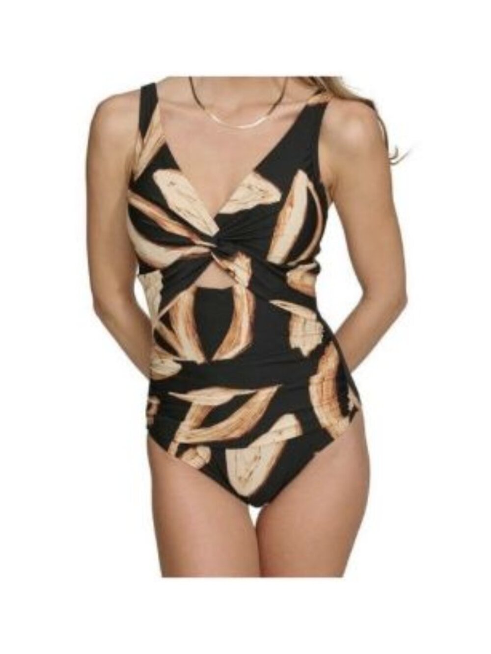 Dkny Womens Shirred Keyhole Detail One Piece Swimsuit Mocha Mult Size Large